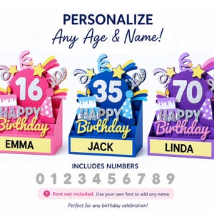 May include: Three personalized birthday displays in pink, blue, and purple, each featuring a number, a cake, a party hat, and the text Happy Birthday. The base of each display shows a name: Emma, Jack, or Linda. Includes numbers 0-9.