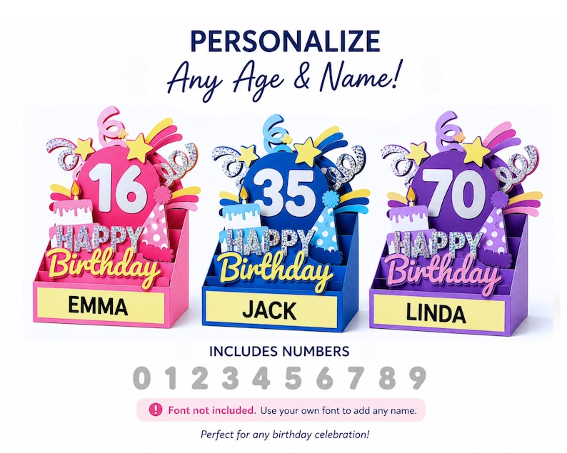 May include: Three personalized birthday displays in pink, blue, and purple, each featuring a number, a cake, a party hat, and the text Happy Birthday. The base of each display shows a name: Emma, Jack, or Linda. Includes numbers 0-9.