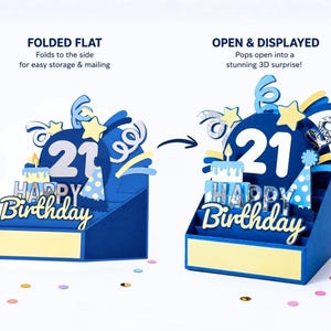 May include: A blue 3D pop-up birthday card featuring the number 21, a cake, and party decorations. The text reads FOLDED FLAT, Folds to the side for easy storage & mailing, OPEN & DISPLAYED, Pops open into a stunning 3D surprise, HAPPY Birthday.