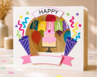 Personalized Happy Birthday Card SVG: 3D Tunnel Card with name, Papercraft Template, DIY Handmade paper Art