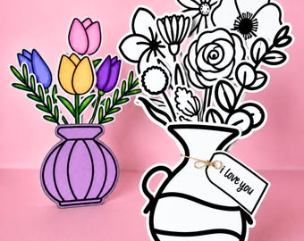 3D Paper Flower Vase SVG Template | Printable Coloring Bouquet | Mothers Day Craft Project