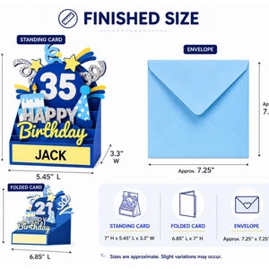 May include: A blue and yellow 3D birthday card featuring the number 35, a cake, and the text HAPPY BIRTHDAY and JACK. The standing card measures 7 inches high, 5.45 inches long, and 3.3 inches wide. Includes a light blue envelope measuring 7.25 inches.