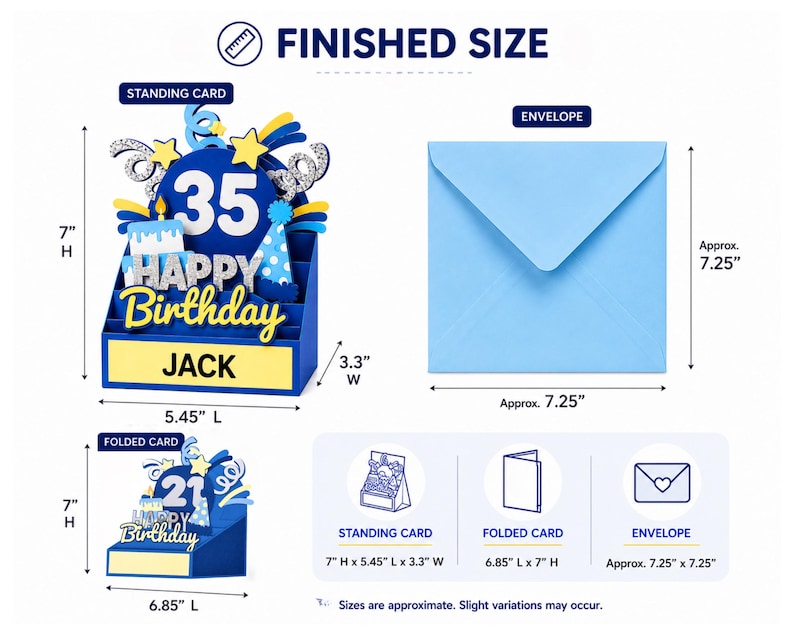 May include: A blue and yellow 3D birthday card featuring the number 35, a cake, and the text HAPPY BIRTHDAY and JACK. The standing card measures 7 inches high, 5.45 inches long, and 3.3 inches wide. Includes a light blue envelope measuring 7.25 inches.