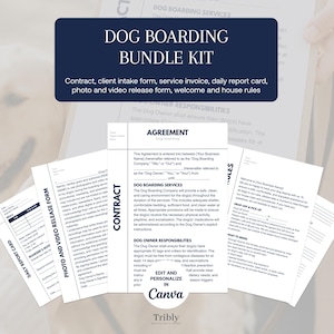 Può includere: Un kit di documenti per pensione per cani che include contratto, modulo di ammissione, fattura, rapporto giornaliero, liberatoria foto e video, lettera di benvenuto e regolamento. I documenti sono bianchi con testo nero e modificabili in Canva.