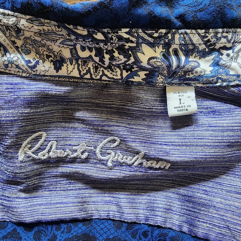 Mens Robert Graham Blue Black Damask Floral Short Sleeve Button Down Shirt L @27 image 10