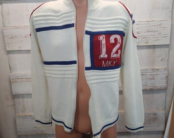 Maglione vintage MKY 12 con zip intera, maglia, colore crema, blu navy, rosso, cardigan sportivo da uomo, taglia M