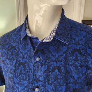 Mens Robert Graham Blue Black Damask Floral Short Sleeve Button Down Shirt L @27 image 3