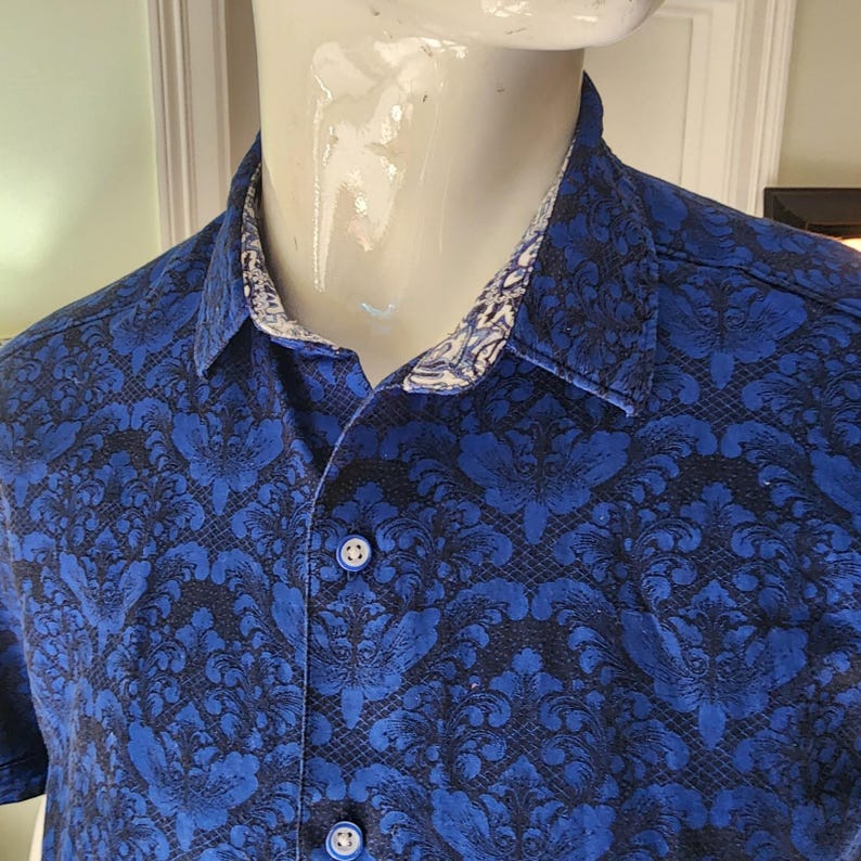 Mens Robert Graham Blue Black Damask Floral Short Sleeve Button Down Shirt L @27 image 3