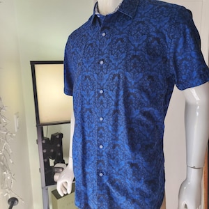 Mens Robert Graham Blue Black Damask Floral Short Sleeve Button Down Shirt L @27 image 1