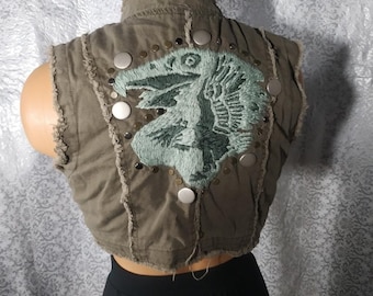 Gilet militare corto @36 verde piccolo ricamo