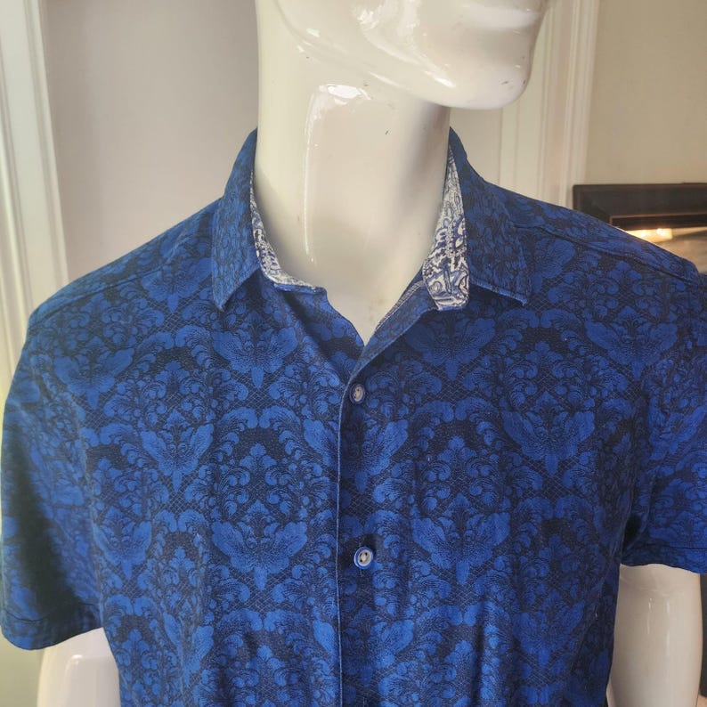 Mens Robert Graham Blue Black Damask Floral Short Sleeve Button Down Shirt L @27 image 9