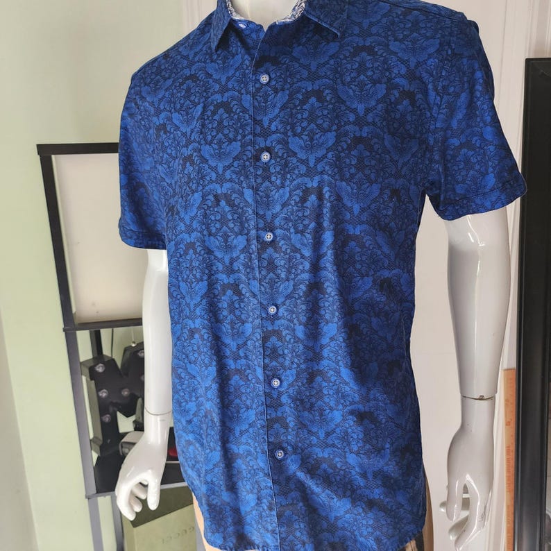 Mens Robert Graham Blue Black Damask Floral Short Sleeve Button Down Shirt L @27 image 2