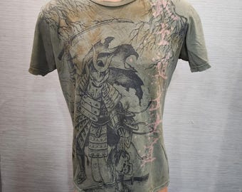 Affliction Samurai Graphic T-Shirt Olive Green Distressed Y2K MM Mens Medium @33