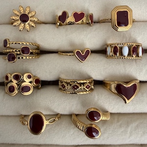 Stainless steel gold plated vintage burgundy and gold adjustable stackable boho ring