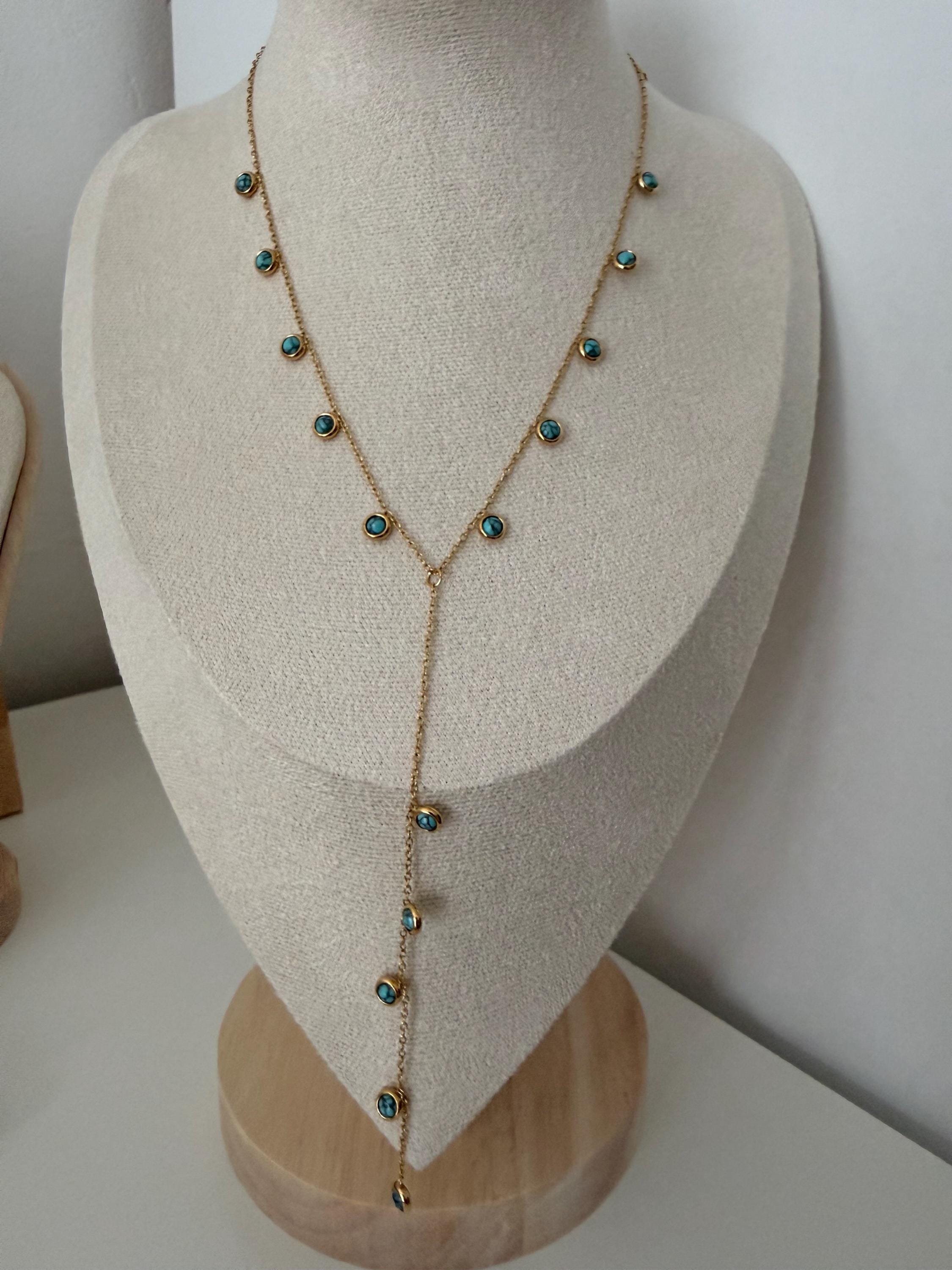 Stainless steel boho blue natural stone drop pendant gold vintage geometric lariat chain drop Y necklace