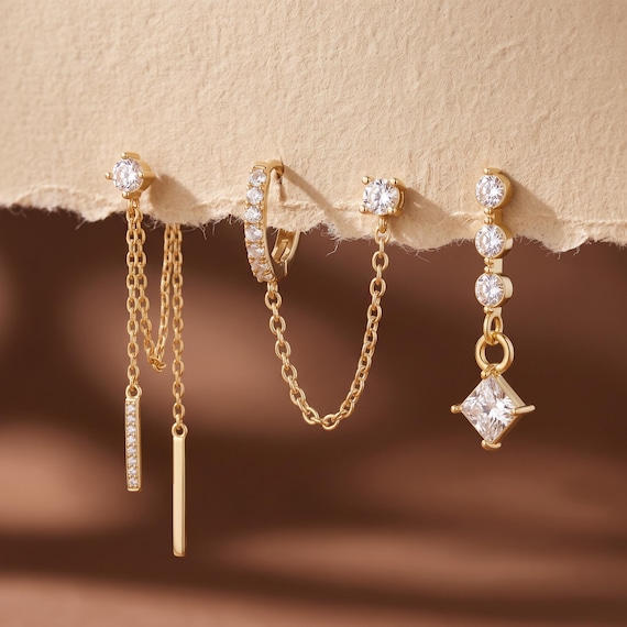 18K Gold Filled CZ Earrings Set, 3 Piece Diamond Dangle Earrings, Huggie Hoop Chain Earrings, Sparkling Ear Stack Jewelry Gift