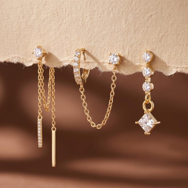 18K Gold Filled CZ Earrings Set, 3 Piece Diamond Dangle Earrings, Huggie Hoop Chain Earrings, Sparkling Ear Stack Jewelry Gift