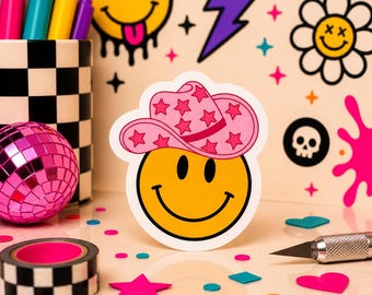 Pink Cowgirl Hat Smiley Face Sticker | Waterproof Vinyl Stickers | Cute Girly Decal Stickers
