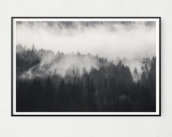Foggy Forest Photography Print – Black and White Scandinavian Wall Art (Digital Download)