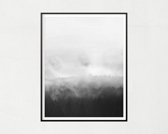 Foggy Forest Print, Minimalist Black and White Photography (Digital Download)