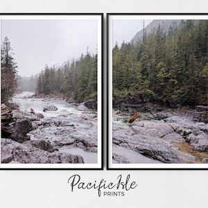 Puede incluir: Dos impresiones enmarcadas de paisajes que representan una escena de río con orillas rocosas y árboles de hoja perenne. El agua fluye rápidamente a través de las rocas bajo un cielo nublado. Las impresiones están etiquetadas como "Pacific Isle Prints".