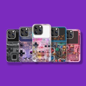 May include: Five smartphone cases arranged in a row, each featuring a transparent design that mimics the internal circuitry and button layout of retro handheld gaming consoles in various color schemes including gray, purple, pink, and multi-colored.