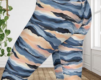Leggings azules con estampado de olas costeras / Pantalones de yoga con estampado abstracto del océano para mujer / Mallas deportivas de cintura alta