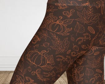 Brown Pumpkin Leggings, Fall Leggings, Autumn Yoga Pants, Thanksgiving Outfit, High Waist Pumpkin Print Leggings