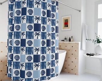 Coastal Shower Curtain | Blue Seashell Palm Print | Beach Bathroom Decor