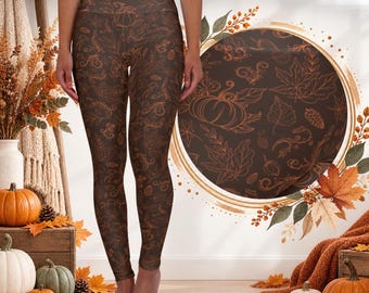 Leggings de outono com estampa de abóbora, leggings de Halloween, roupa para o Dia de Ação de Graças, leggings de cintura alta com estampa de abóbora.
