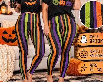 Halloween Leggings Womens | Orange Purple Green Striped Leggings | Spooky Season Pants | Halloween Costume Leggings | Fall Leggings