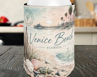 Enfriador de latas de Venice Beach, Florida, enfriador de latas de la capital mundial de los dientes de tiburón, regalo de la costa de Florida, aislante de latas de Venice, FL