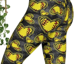 Leggings con estampado de corazón de sóftbol / Pantalones de entrenamiento para el día del partido / Regalo para mamá de sóftbol / Leggings amarillos con estampado de sóftbol / Ropa deportiva