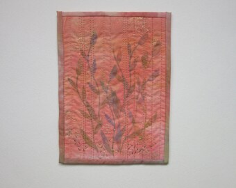 Small fabric wall hanging, Contemporary textile picture, Pastel quilt art, Peach coloured wall art