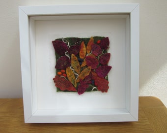 Autumn picture, Hand made felt art, Woodland, Leaves and berries, Hedgerow, Framed felt textile, White frame