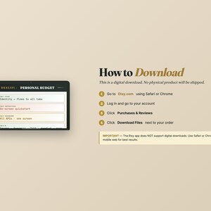 Puede incluir: Gr&aacute;fico de descarga digital con instrucciones para descargar desde Etsy. Una tableta muestra las palabras "DEALIFE PERSONAL BUDGET" y una lista de funciones. El texto "How to Download" tambi&eacute;n es visible.