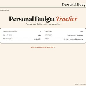 Puede incluir: Un rastreador de presupuesto personal digital titulado "Personal Budget Tracker". Incluye campos para la identidad del hogar, el a&ntilde;o presupuestario (2024), la frecuencia de pago, la moneda (USD), la estrategia y el n&uacute;mero de usuarios.