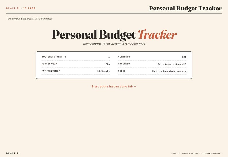 Puede incluir: Un rastreador de presupuesto personal digital titulado "Personal Budget Tracker". Incluye campos para la identidad del hogar, el a&ntilde;o presupuestario (2024), la frecuencia de pago, la moneda (USD), la estrategia y el n&uacute;mero de usuarios.
