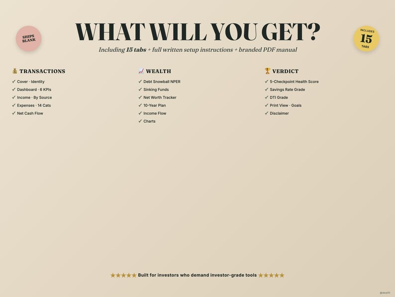 Puede incluir: Gr&aacute;fico beige con el texto "WHAT WILL YOU GET?" que enumera caracter&iacute;sticas que incluyen 15 pesta&ntilde;as, instrucciones de configuraci&oacute;n y un manual en PDF. Las secciones detallan transacciones, riqueza y veredicto, con vi&ntilde;etas.