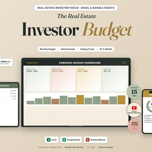 Puede incluir: Herramientas digitales de planificaci&oacute;n financiera que se muestran en una tableta, una computadora y un tel&eacute;fono inteligente. La pantalla muestra un panel de control de presupuesto con datos financieros, gr&aacute;ficos y el texto "Investor Budget". La imagen incluye el texto "Excel & Google Sheets".