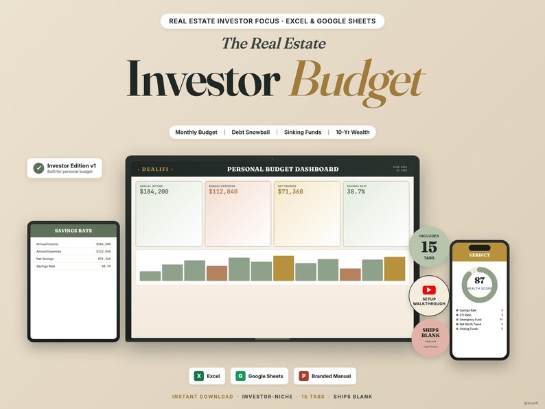 Puede incluir: Herramientas digitales de planificaci&oacute;n financiera que se muestran en una tableta, una computadora y un tel&eacute;fono inteligente. La pantalla muestra un panel de control de presupuesto con datos financieros, gr&aacute;ficos y el texto "Investor Budget". La imagen incluye el texto "Excel & Google Sheets".