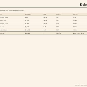 Puede incluir: Una hoja de c&aacute;lculo titulada "Debt Snowball" sobre un fondo beige. La tabla muestra deudas, saldos, APR, pagos m&iacute;nimos y plazos de pago. El texto "Lowest balance first - psychological wins - auto-ranks payoff order" est&aacute; encima.