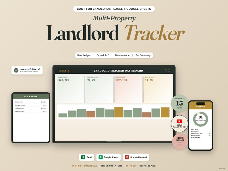 Multi-Property Landlord Tracker | Rental Portfolio Management (Excel, Google Sheets) image 1