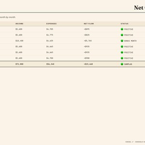 Puede incluir: Una hoja de c&aacute;lculo financiera titulada "Net Cash Flow" muestra los ingresos, gastos y datos de flujo de caja neto mensuales. La tabla incluye meses, ingresos, gastos, flujo neto y estado, con un total de 12 meses.