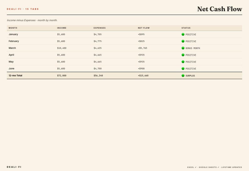 Puede incluir: Una hoja de c&aacute;lculo financiera titulada "Net Cash Flow" muestra los ingresos, gastos y datos de flujo de caja neto mensuales. La tabla incluye meses, ingresos, gastos, flujo neto y estado, con un total de 12 meses.