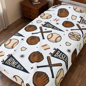 Baseball Pattern Velveteen Plush Blanket | Home Run Baseball Gloves, Bats & Balls