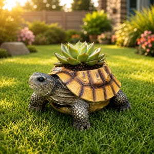 May include: A turtle-shaped planter featuring a textured grey head and legs with a detailed yellow and brown shell. The shell serves as a container holding a green succulent plant rooted in dark soil, positioned on a patch of green grass.
