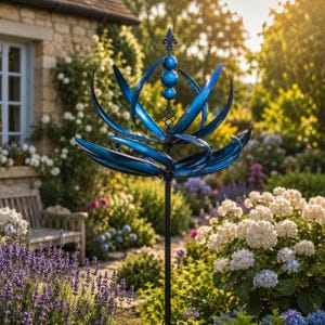Peut inclure: Un éolienne de jardin en métal bleu composée de deux niveaux de lames incurvées en forme de pétales disposées autour d'une tige centrale verticale surmontée d'un fleuron décoratif et de trois sphères empilées sur un mât noir.