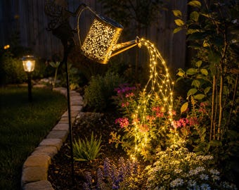 Solar Fairy Watering Can Light, Fairy Garden Stake, Outdoor LED Garden Decor, Solar Pathway Light, Patio Yard Ornament