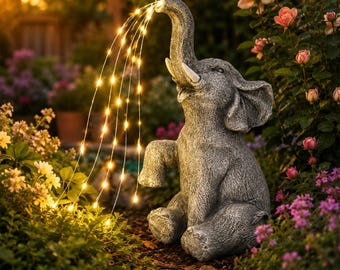 Solar Elephant Statue Outdoor Decor, LED Watering Lights Garden Sculpture, Patio Lawn Ornament, Gift for Women
